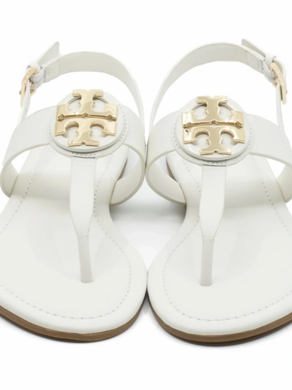 Tory Burch Bryce White Leather Thong Sandals with Gold Emblem